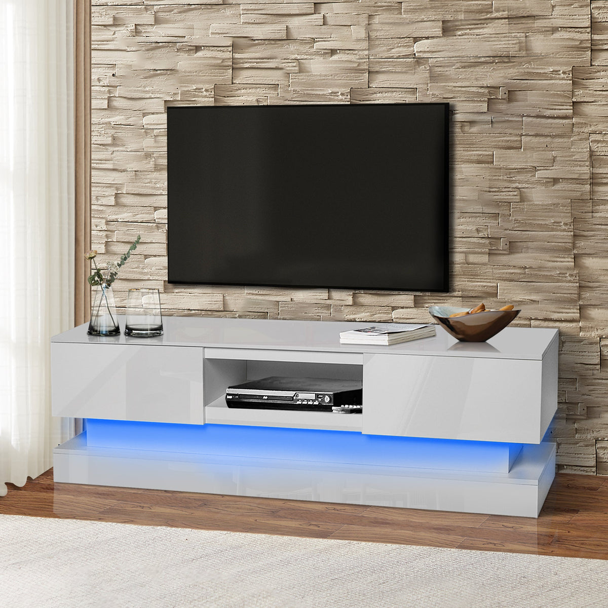 High Gloss White TV Stand with LED Lights for 55 Inch TVs
