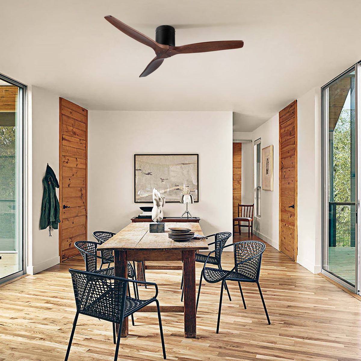 Farmhouse Flush Mount Ceiling Fan, Reversible Wood Blades
