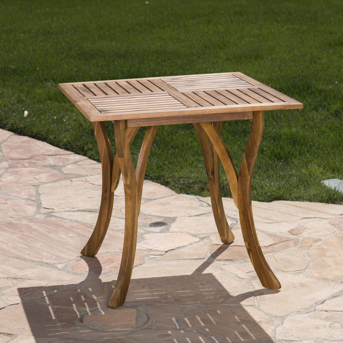 Teak-Finish Square Wood Patio Table for Two Outdoors