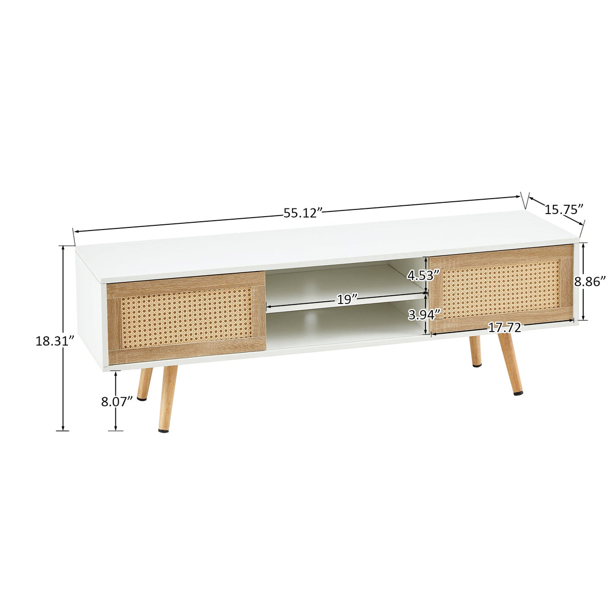 55-Inch Rattan TV Console with Sliding Doors and Storage