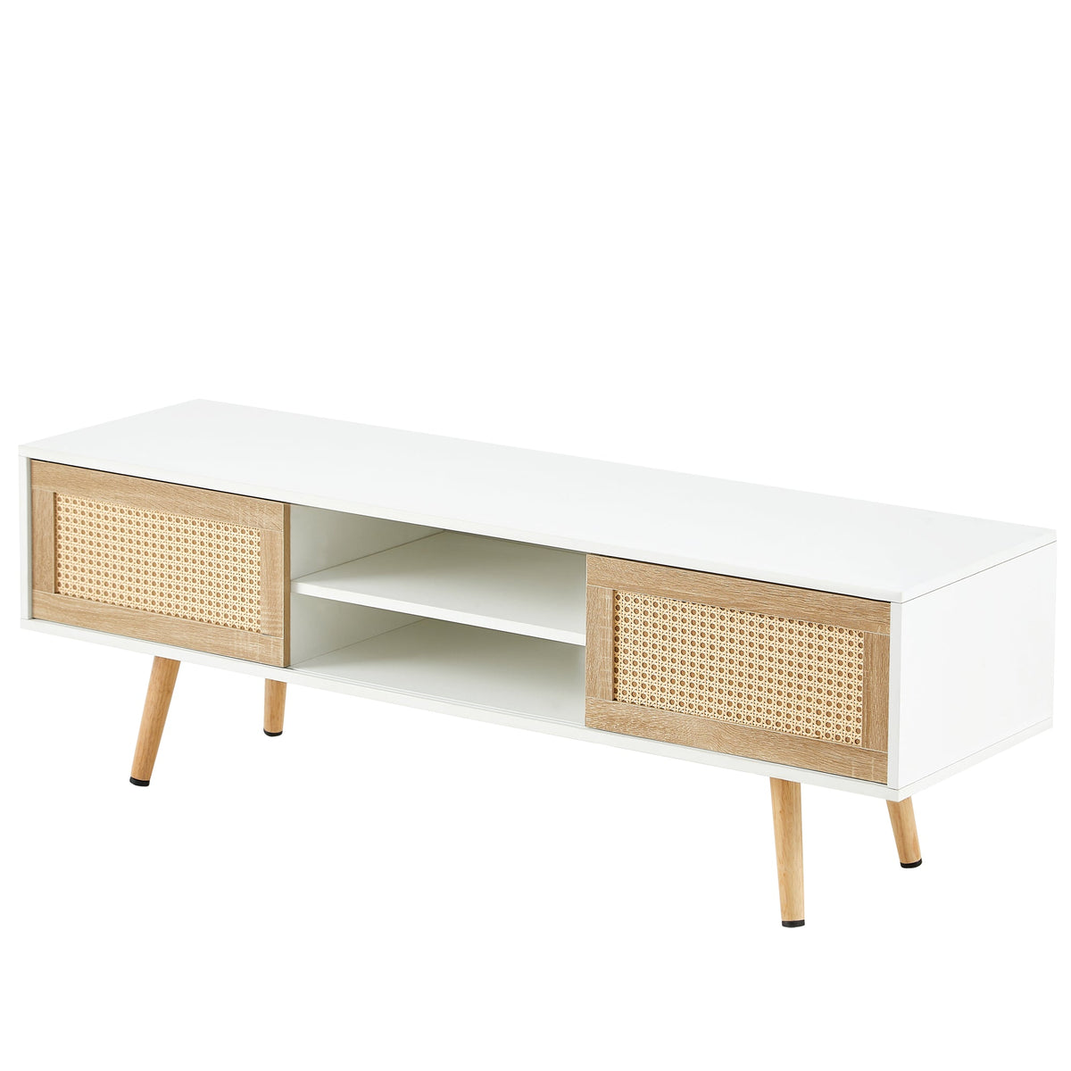 55-Inch Rattan TV Console with Sliding Doors and Storage