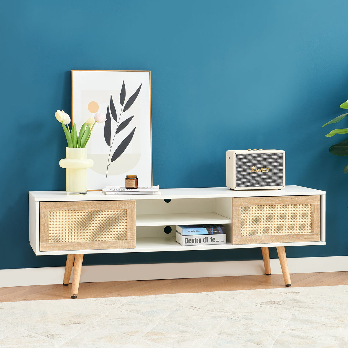 55-Inch Rattan TV Console with Sliding Doors and Storage