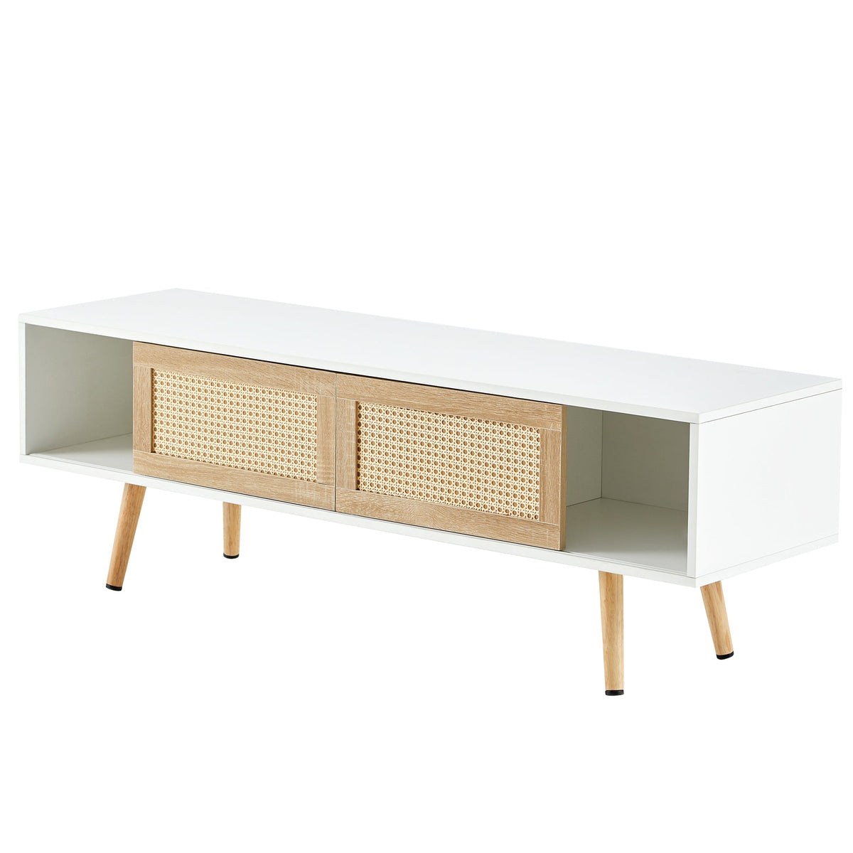 55-Inch Rattan TV Console with Sliding Doors and Storage
