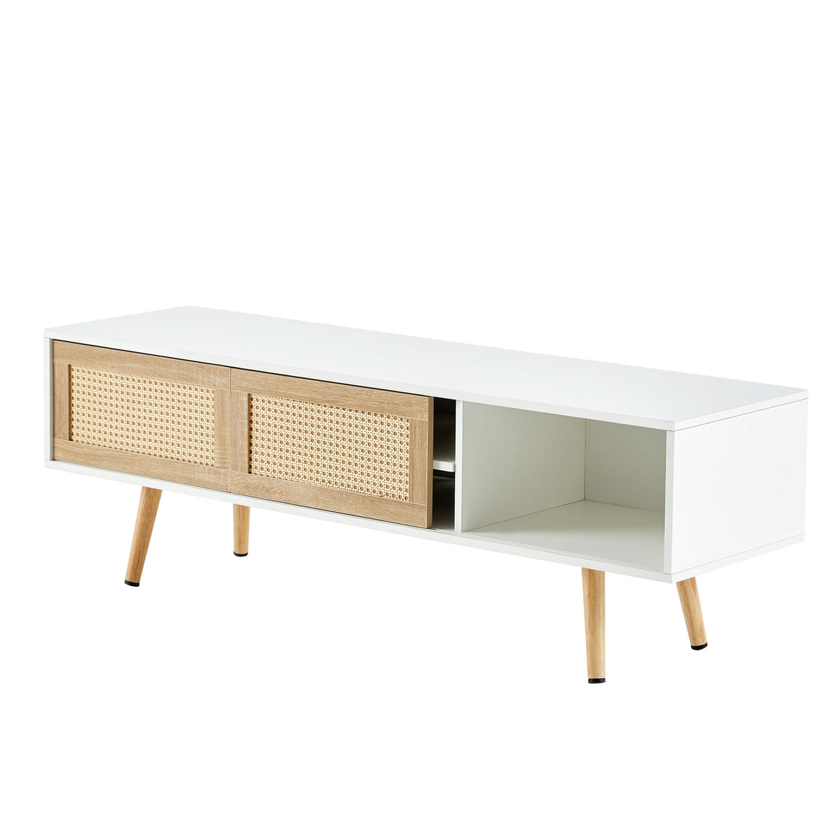 55-Inch Rattan TV Console with Sliding Doors and Storage