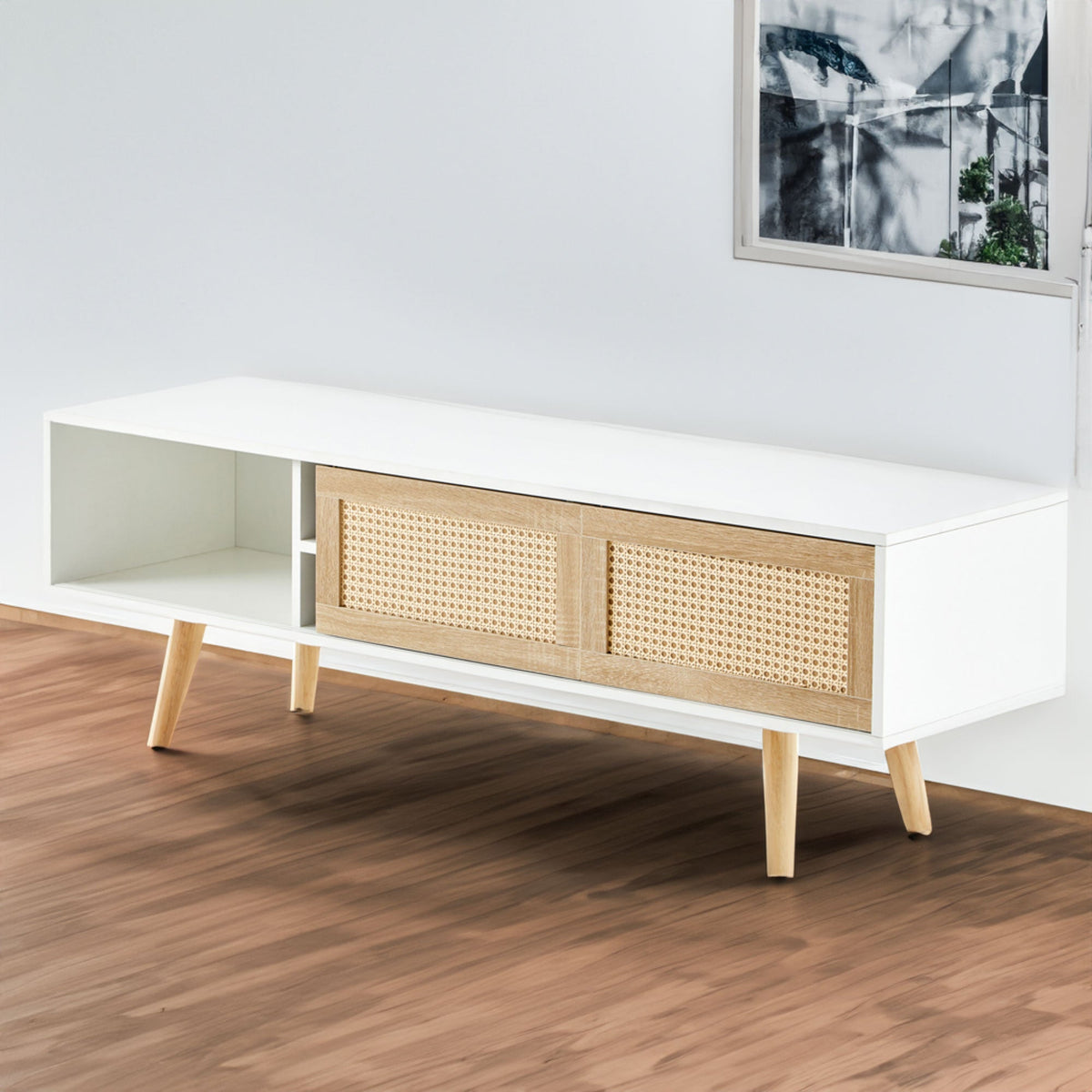 55-Inch Rattan TV Console with Sliding Doors and Storage
