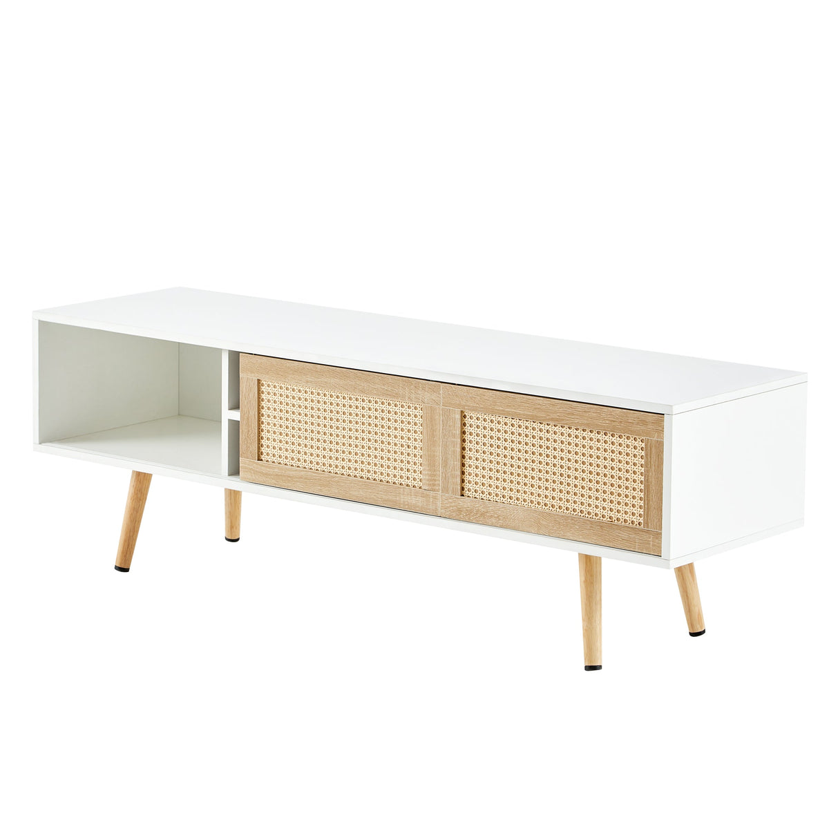 55-Inch Rattan TV Console with Sliding Doors and Storage