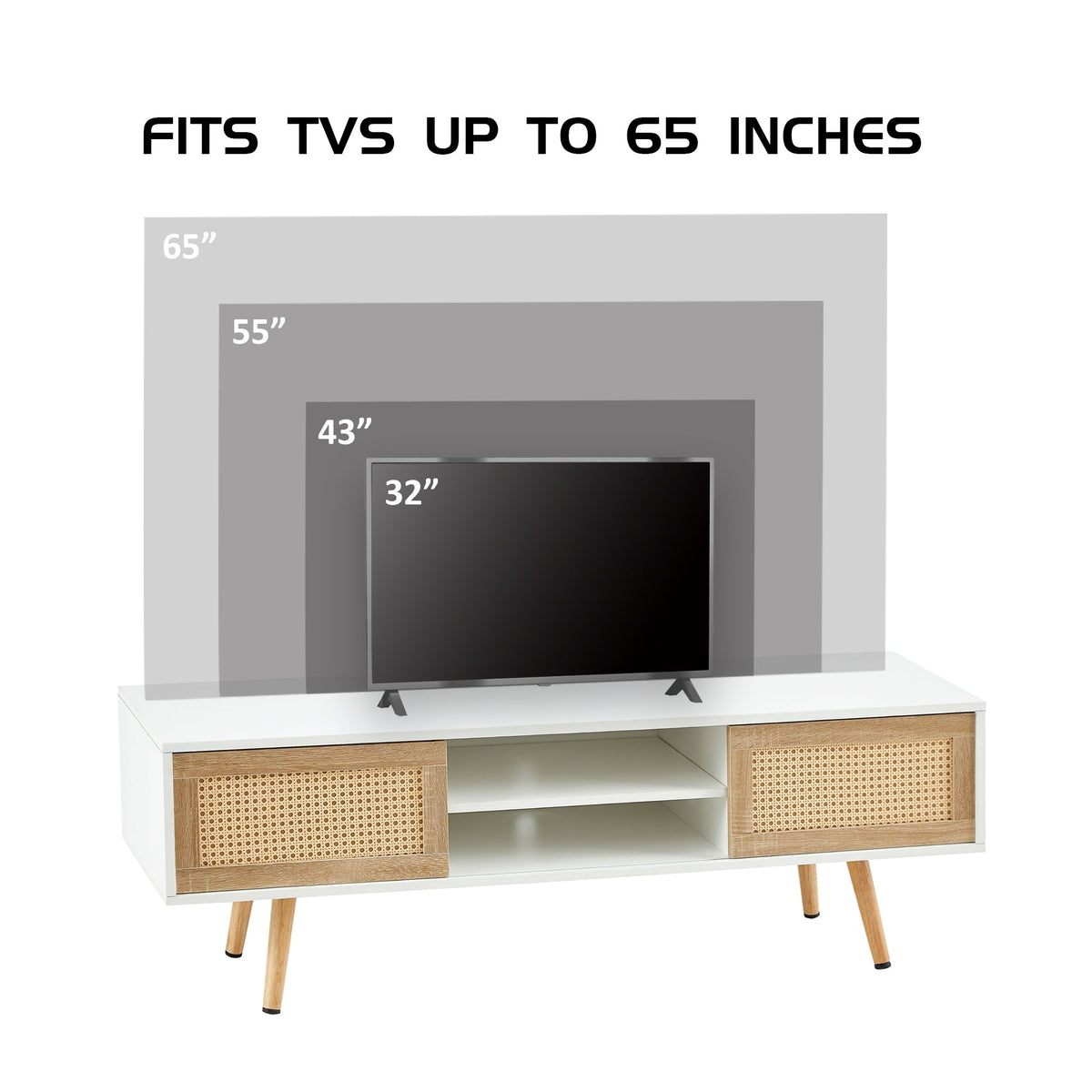 55-Inch Rattan TV Console with Sliding Doors and Storage