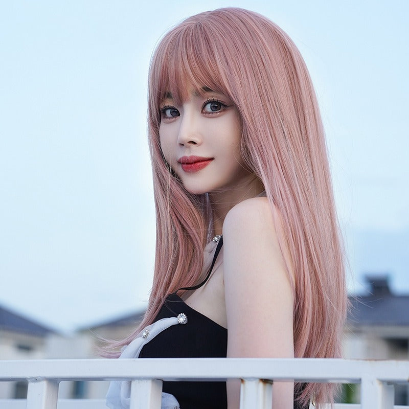 Pink Long Hair Wig with Air Bangs for Instant Style