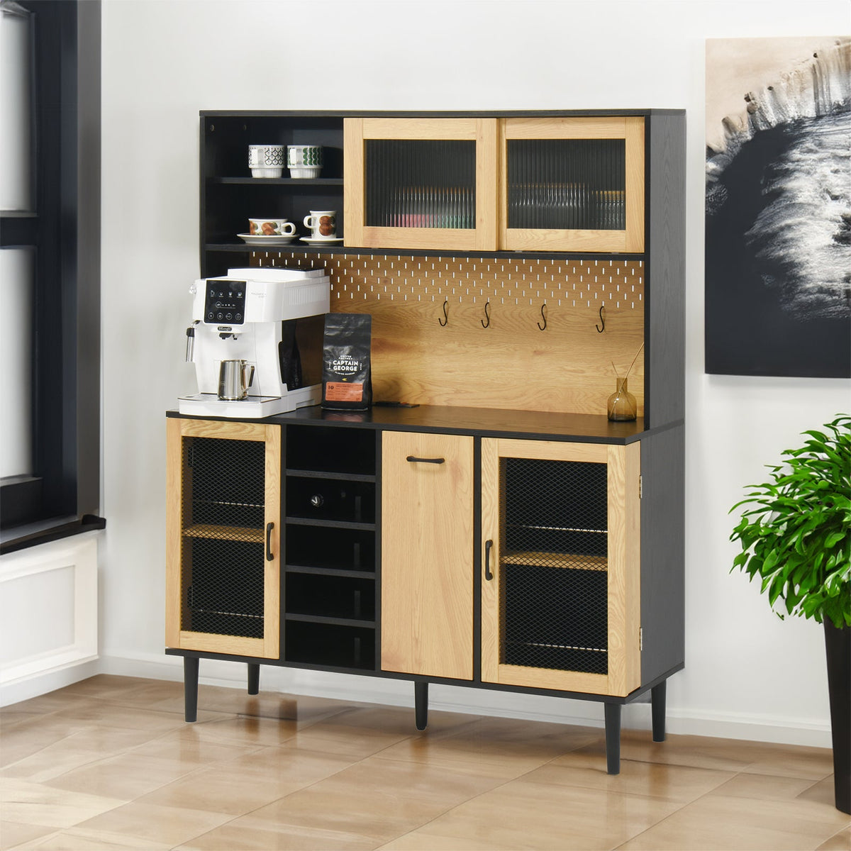 Farmhouse Buffet Hutch with Outlet & Coffee Bar Storage