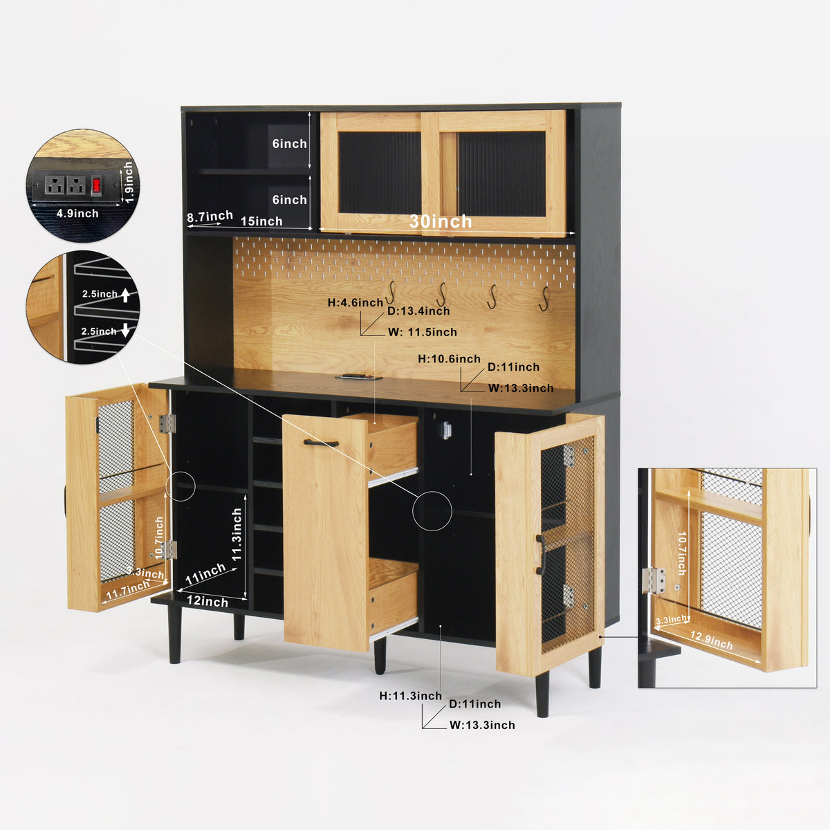 Farmhouse Buffet Hutch with Outlet & Coffee Bar Storage