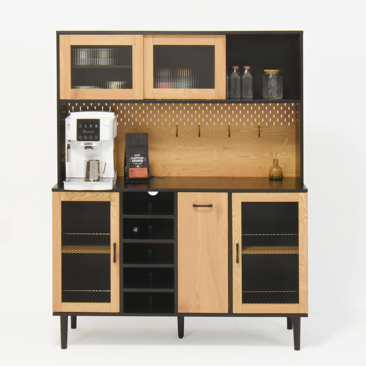 Farmhouse Buffet Hutch with Outlet & Coffee Bar Storage