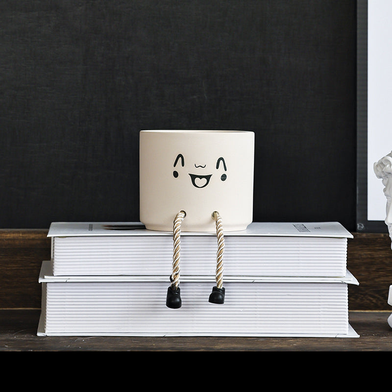 Smiley Face Succulent Planter Pot with Dangling Rope Legs