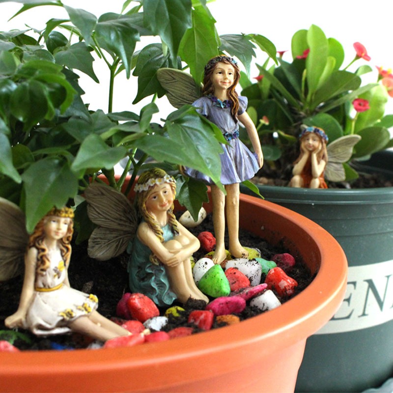 Resin Fairy Garden Figurines: Six Painted Garden Fairies
