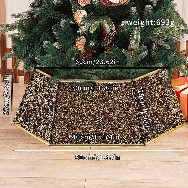 Black Sequin Christmas Tree Skirt with Gold Trim Decor
