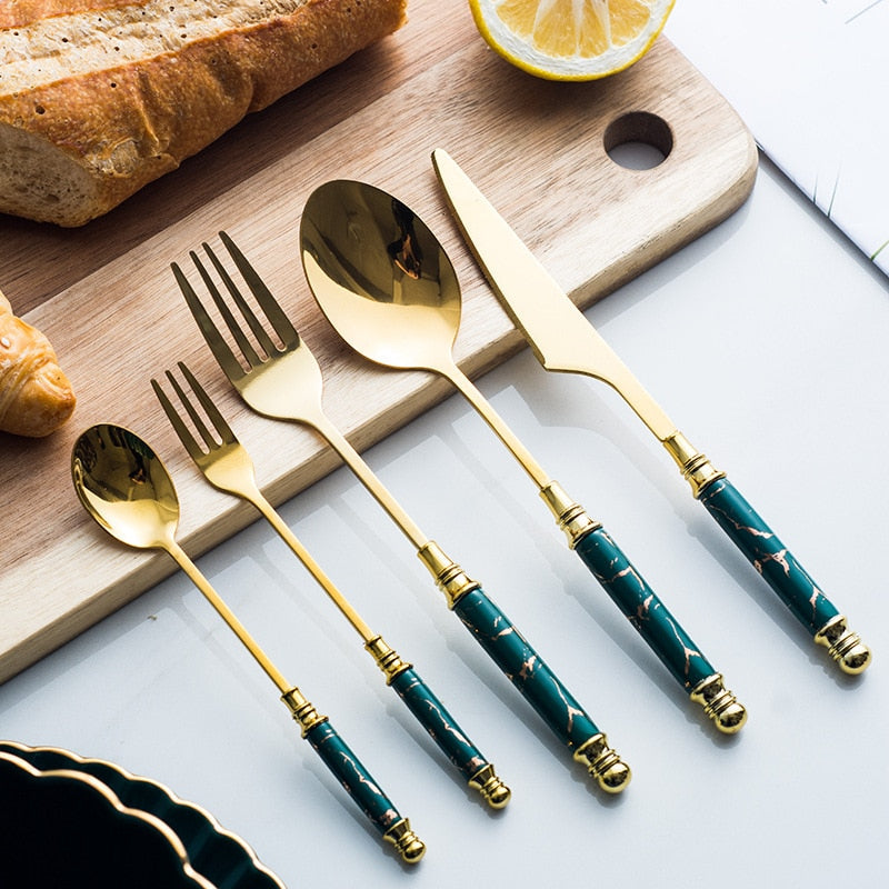 Gold Ceramic Handle Flatware Set, 5-Piece Dinner Cutlery