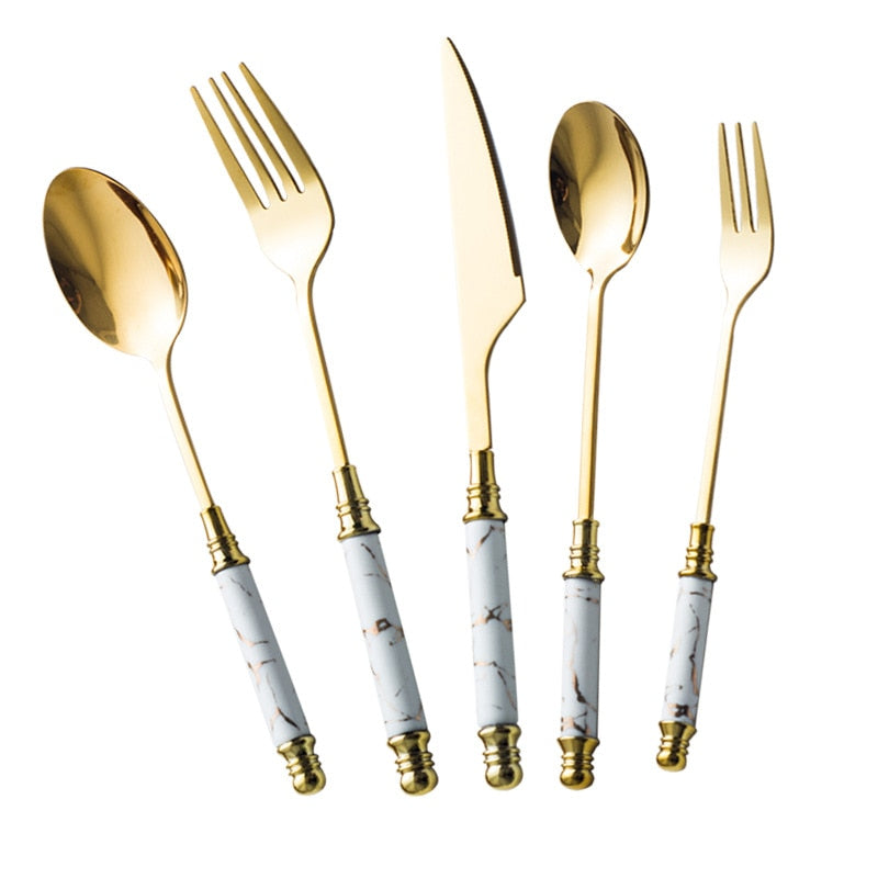 Gold Ceramic Handle Flatware Set, 5-Piece Dinner Cutlery