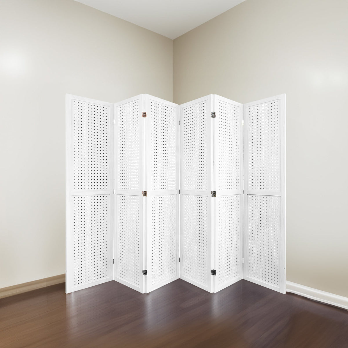 White 6-Panel Room Divider with Pegboard Privacy Screen