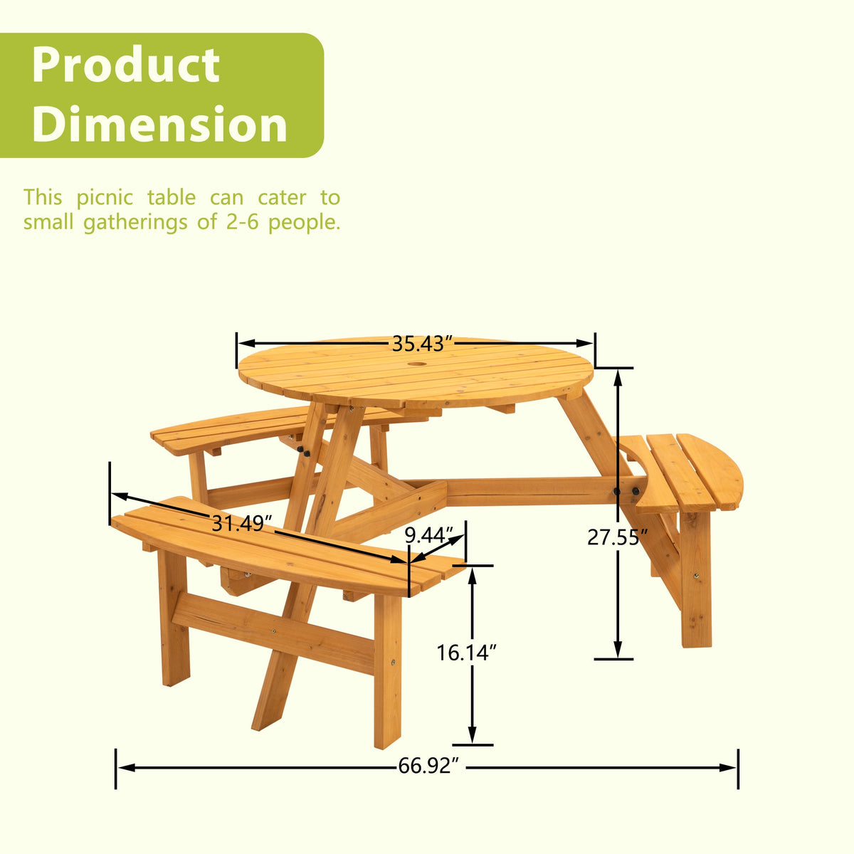6-Person Round Wooden Picnic Table with 3 Built-in Benches