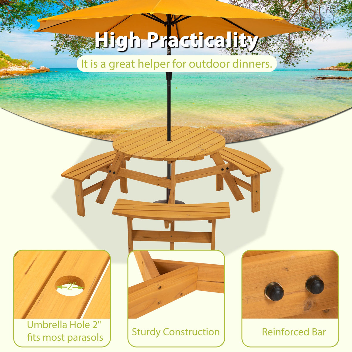 6-Person Round Wooden Picnic Table with 3 Built-in Benches