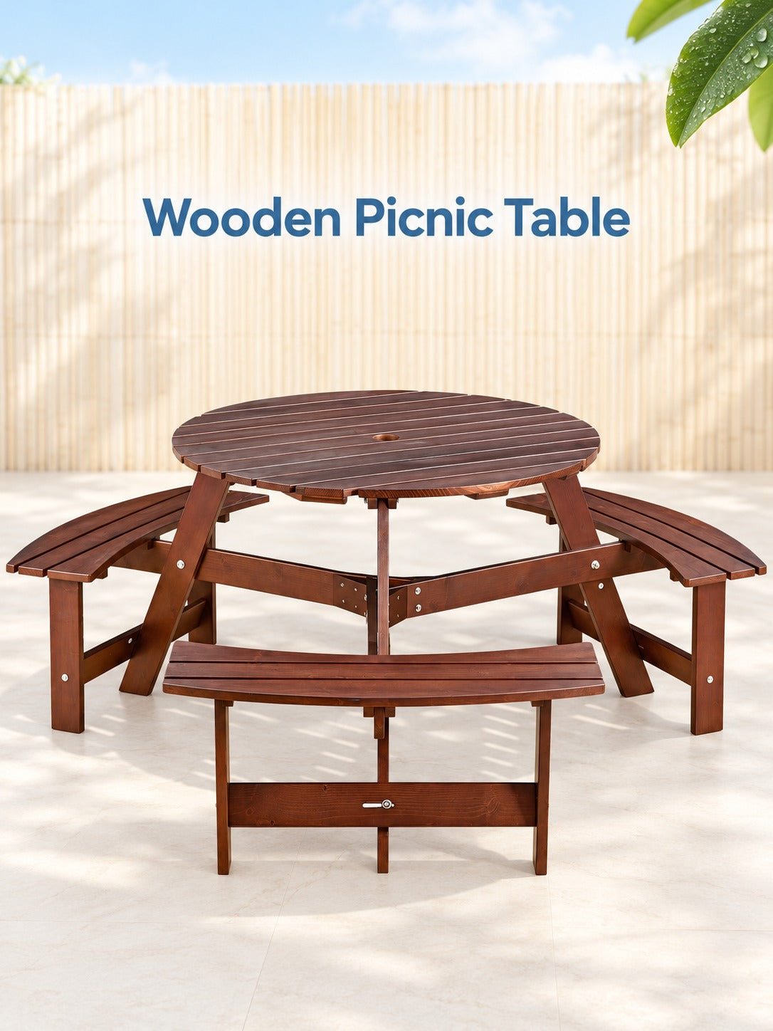 6-Person Circular Wooden Picnic Table with Umbrella Hole