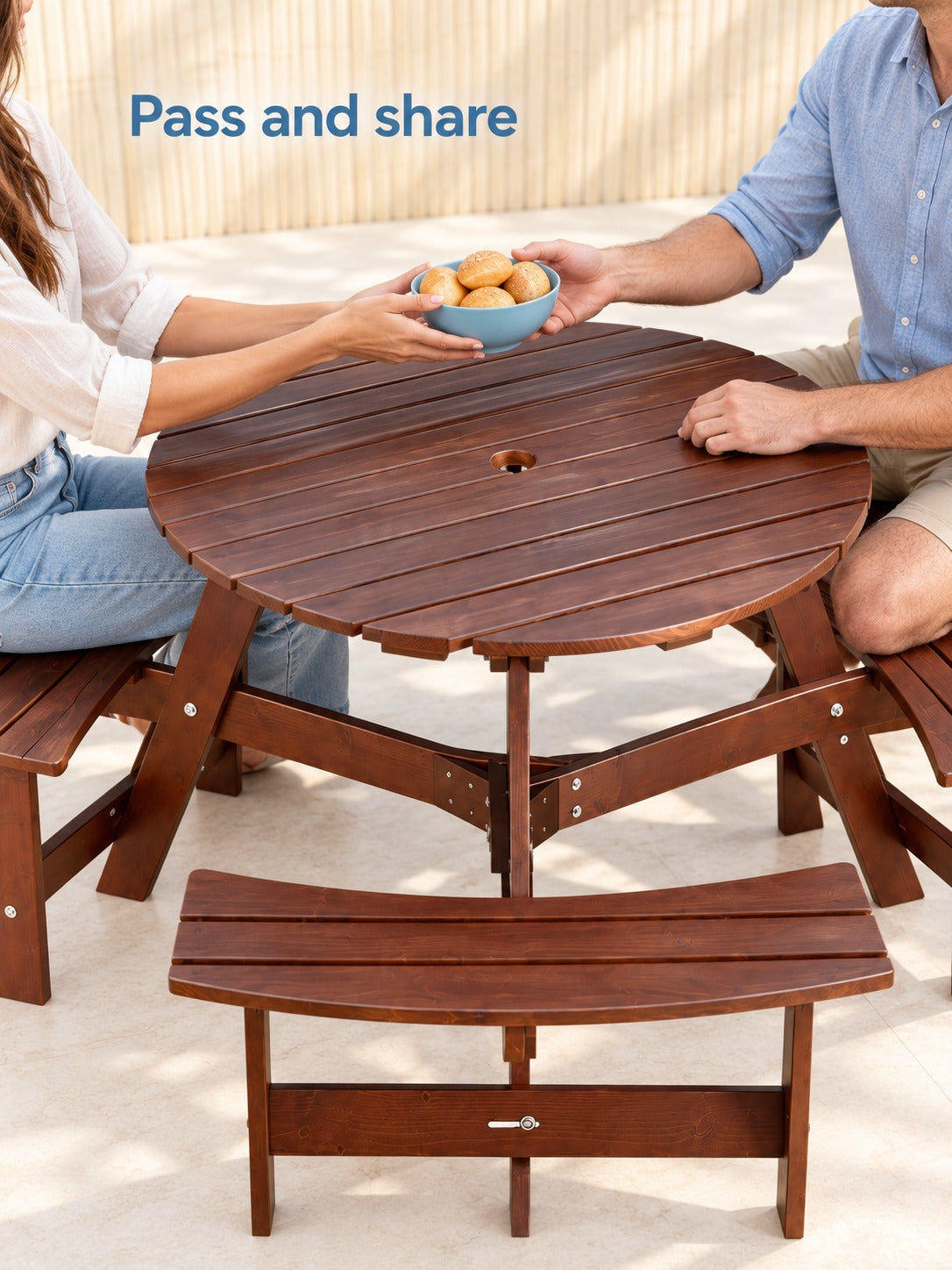 6-Person Circular Wooden Picnic Table with Umbrella Hole