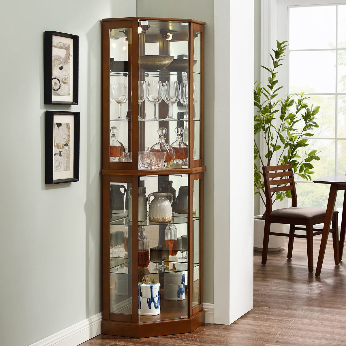 Walnut Corner Curio Cabinet with Light and Mirror