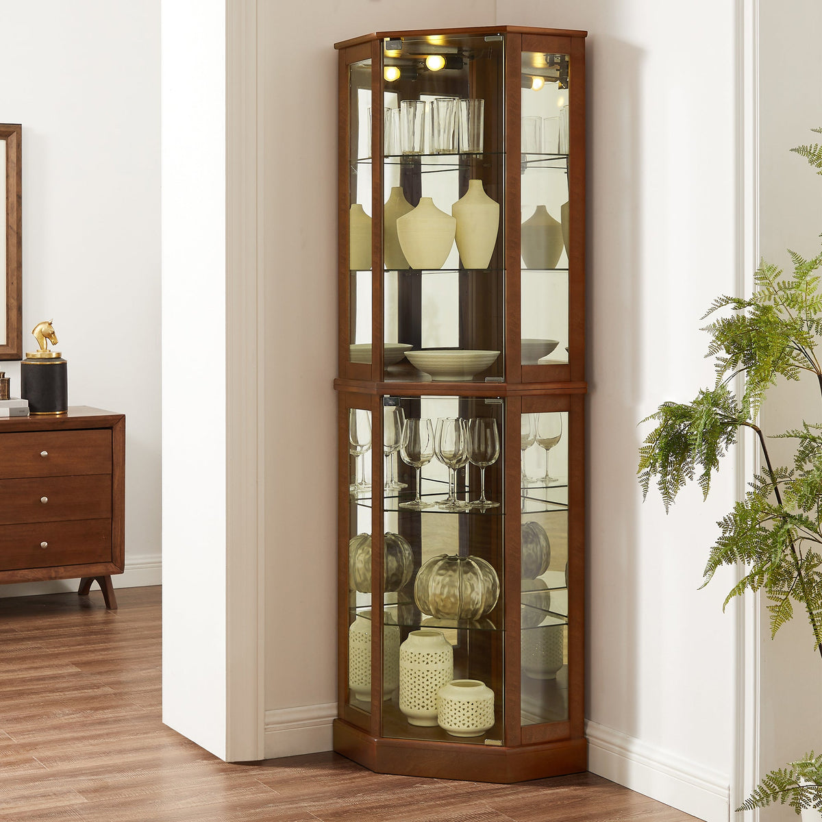 Walnut Corner Curio Cabinet with Light and Mirror