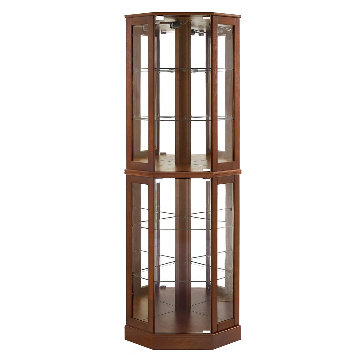 Walnut Corner Curio Cabinet with Light and Mirror