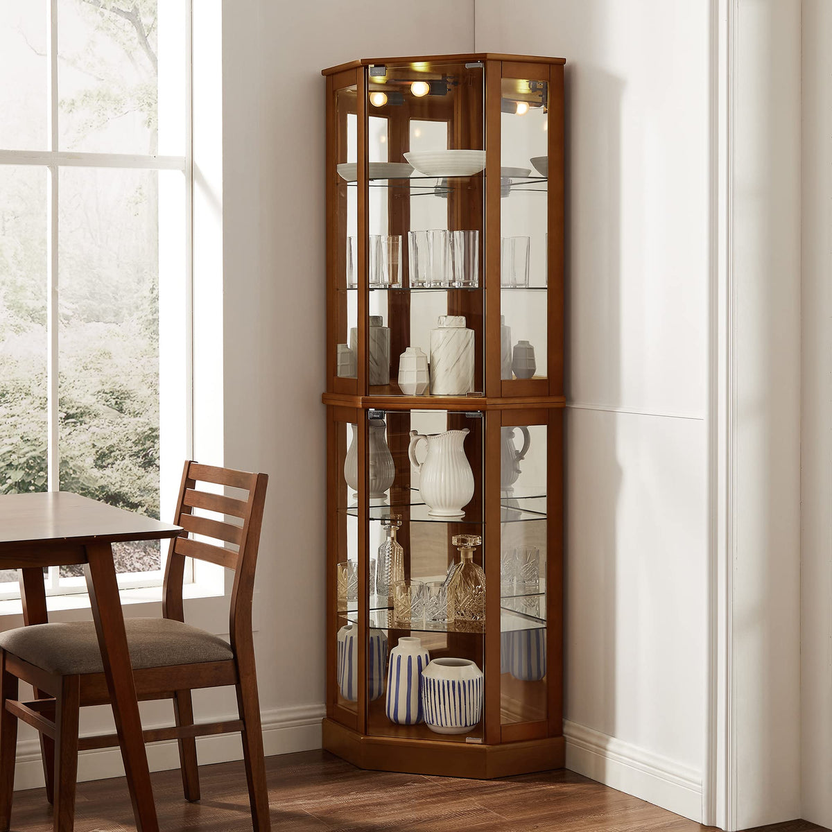 Walnut Corner Curio Cabinet with Light and Mirror