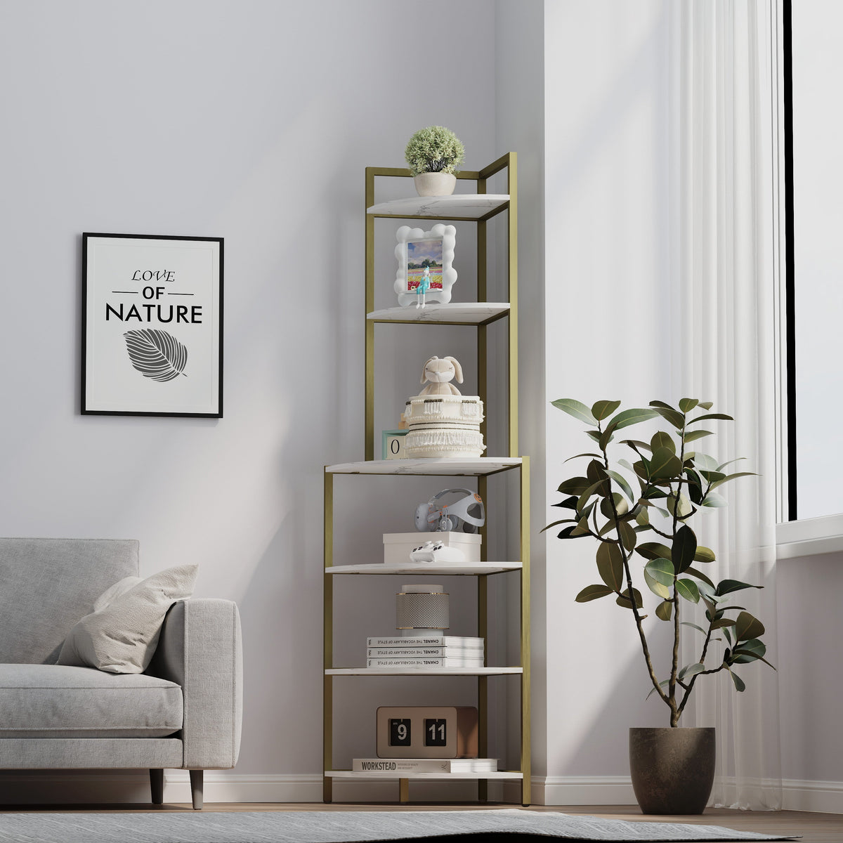 6-Tier Corner Bookshelf with Gold Frame and Marble Shelves
