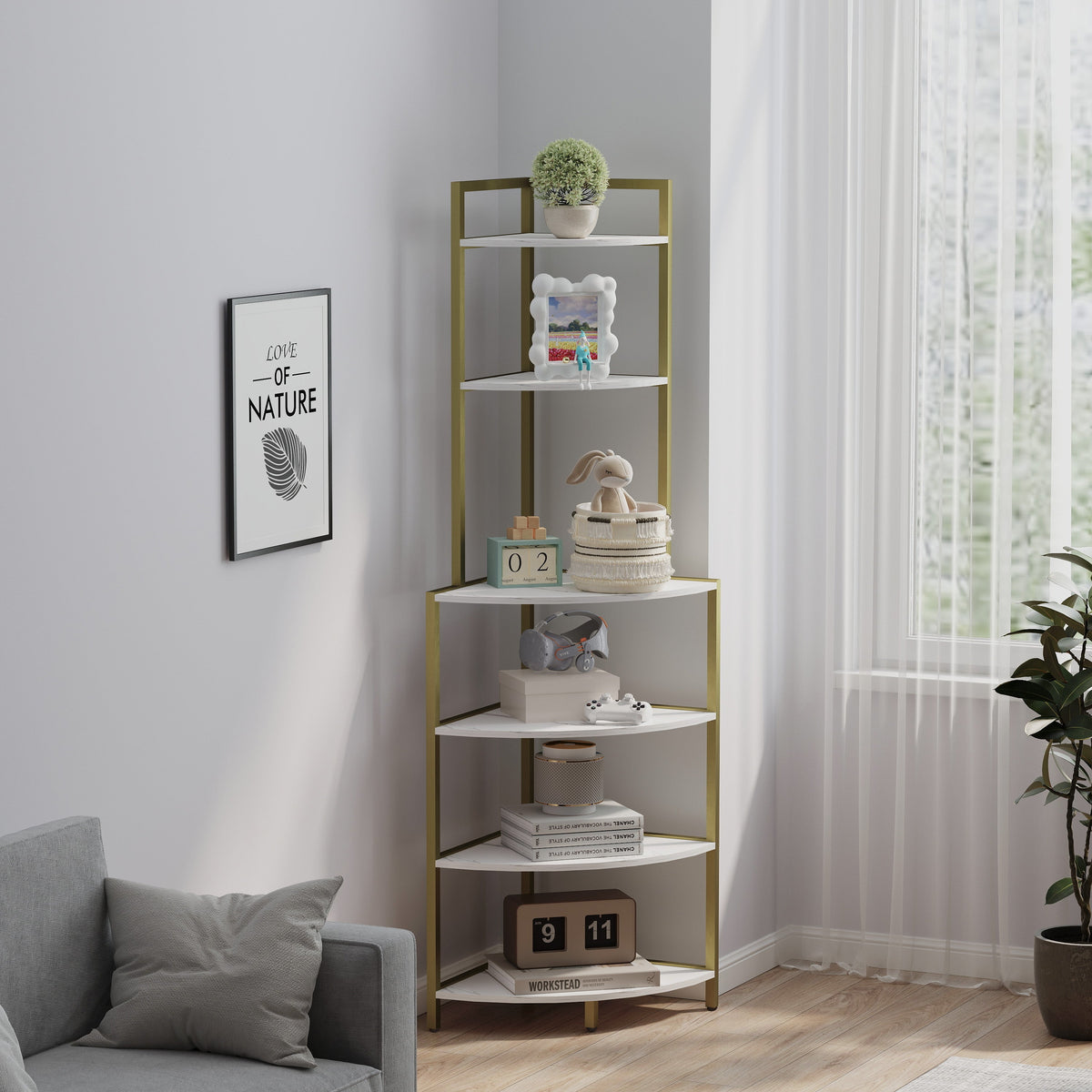 6-Tier Corner Bookshelf with Gold Frame and Marble Shelves