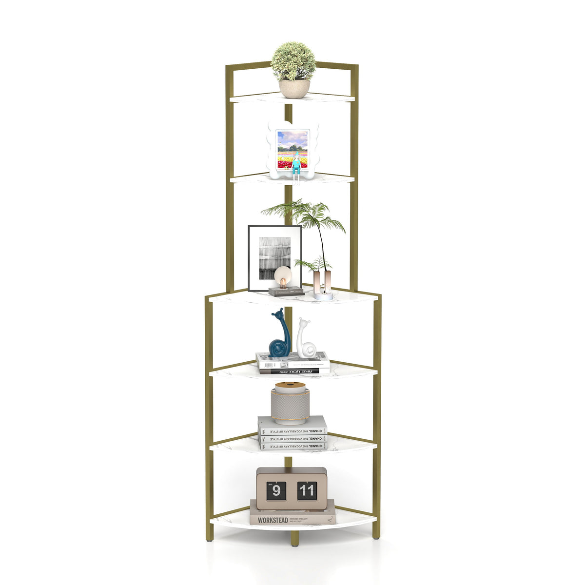 6-Tier Corner Bookshelf with Gold Frame and Marble Shelves