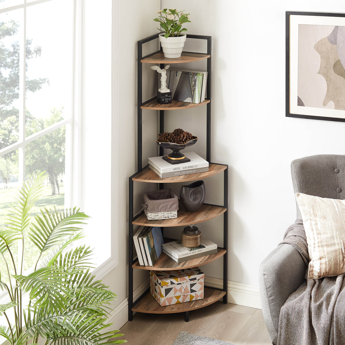 6-Tier Corner Bookshelf for Small Rooms, Metal Frame
