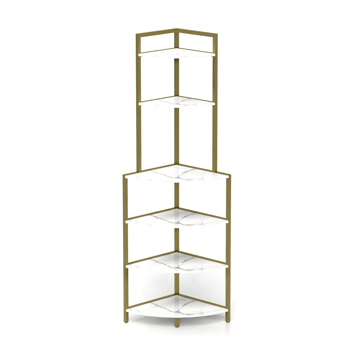 6-Tier Corner Bookshelf with Gold Frame and Marble Shelves