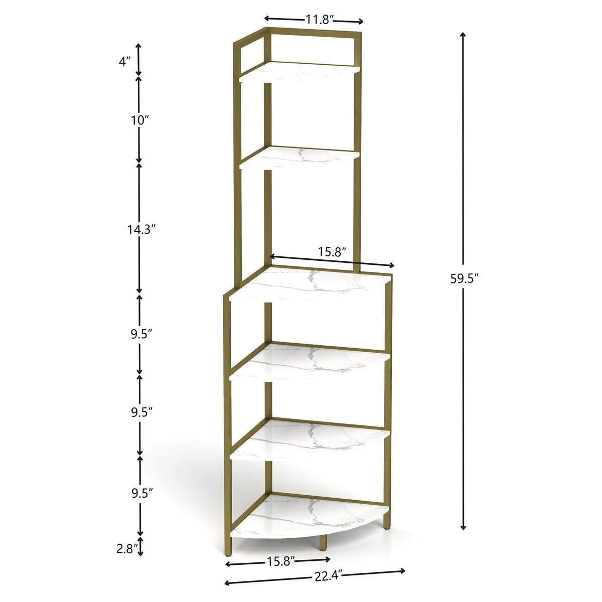 6-Tier Corner Bookshelf with Gold Frame and Marble Shelves