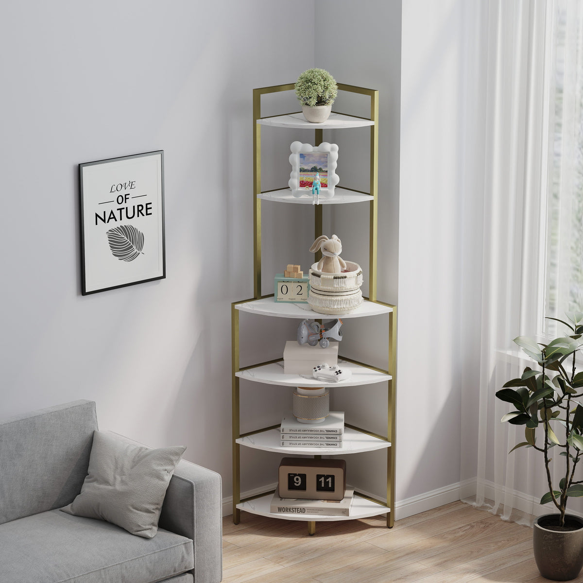 6-Tier Corner Bookshelf with Gold Frame and Marble Shelves