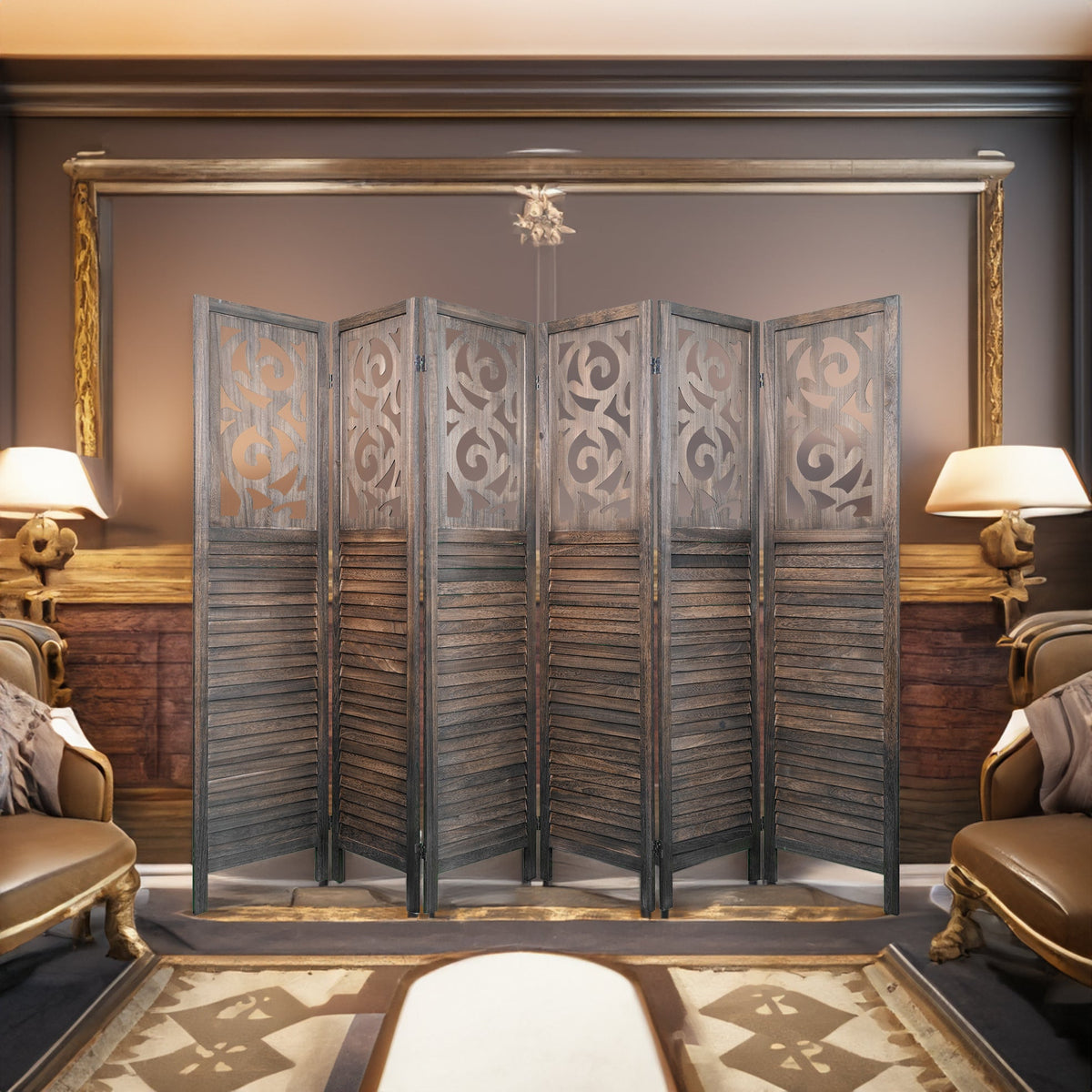 Carved Wooden Room Divider Screen, 6FT Brown