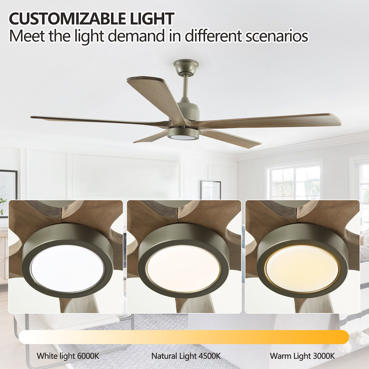 Solid Wood Ceiling Fan with Reversible Motor and Light