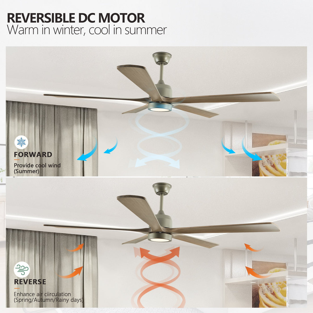 Solid Wood Ceiling Fan with Reversible Motor and Light