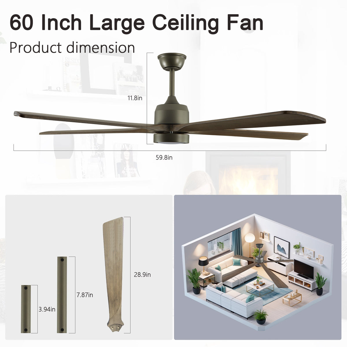 Solid Wood Ceiling Fan with Reversible Motor and Light