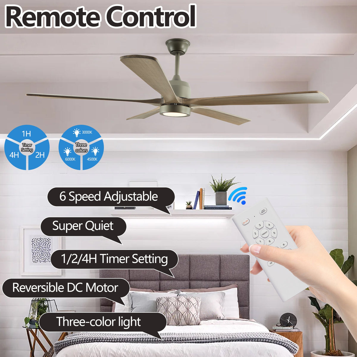 Solid Wood Ceiling Fan with Reversible Motor and Light