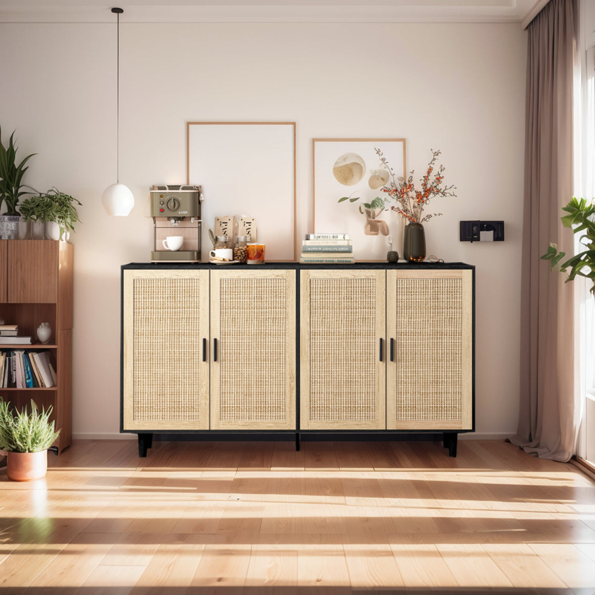 Rattan Storage Cabinet with 4 Doors, Black Sideboard