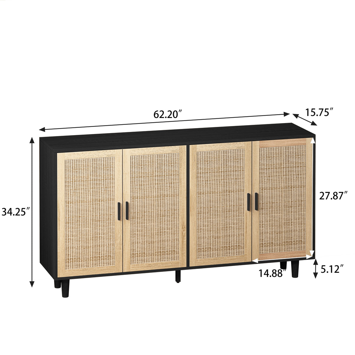 Rattan Storage Cabinet with 4 Doors, Black Sideboard