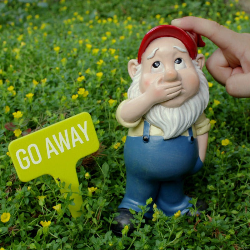 Funny Mouth-Covered Garden Gnome Statue with Go Away Sign