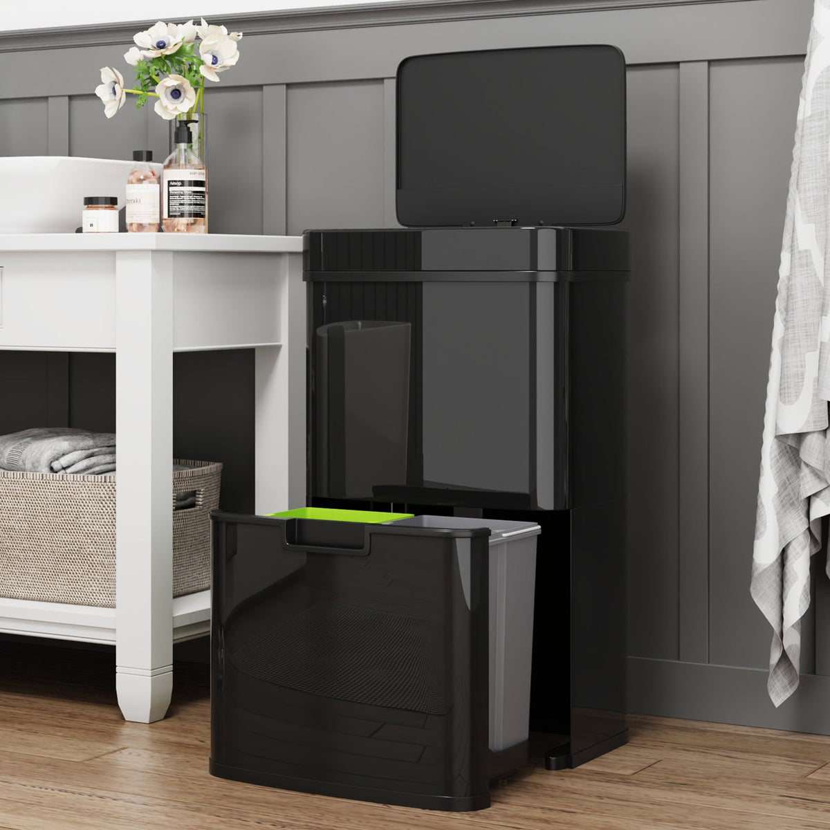 Hands-Free 62L Sensor Trash Can with Two Compartments