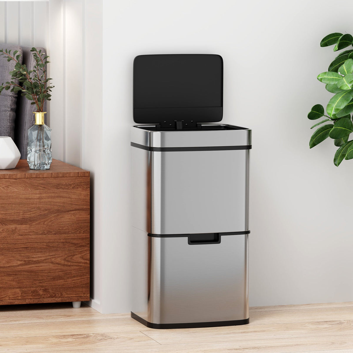 Kitchen Trash Can with Dual Compartments for Recycling