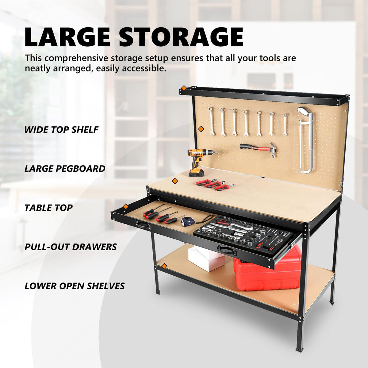 63-Inch Metal Workbench with Pegboard and Pull-Out Drawer