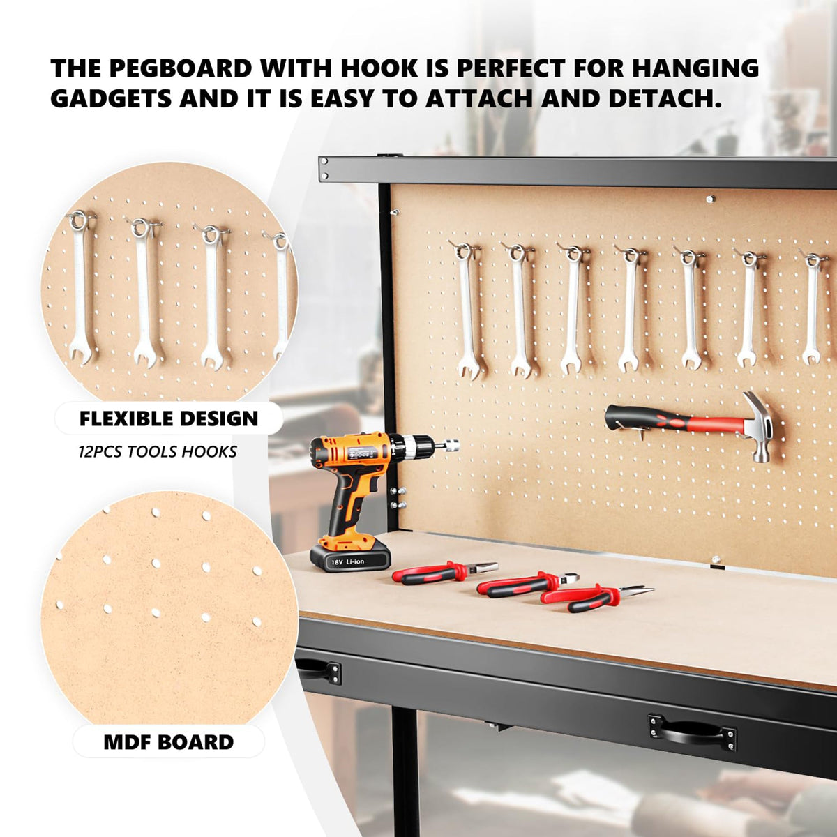 63-Inch Metal Workbench with Pegboard and Pull-Out Drawer