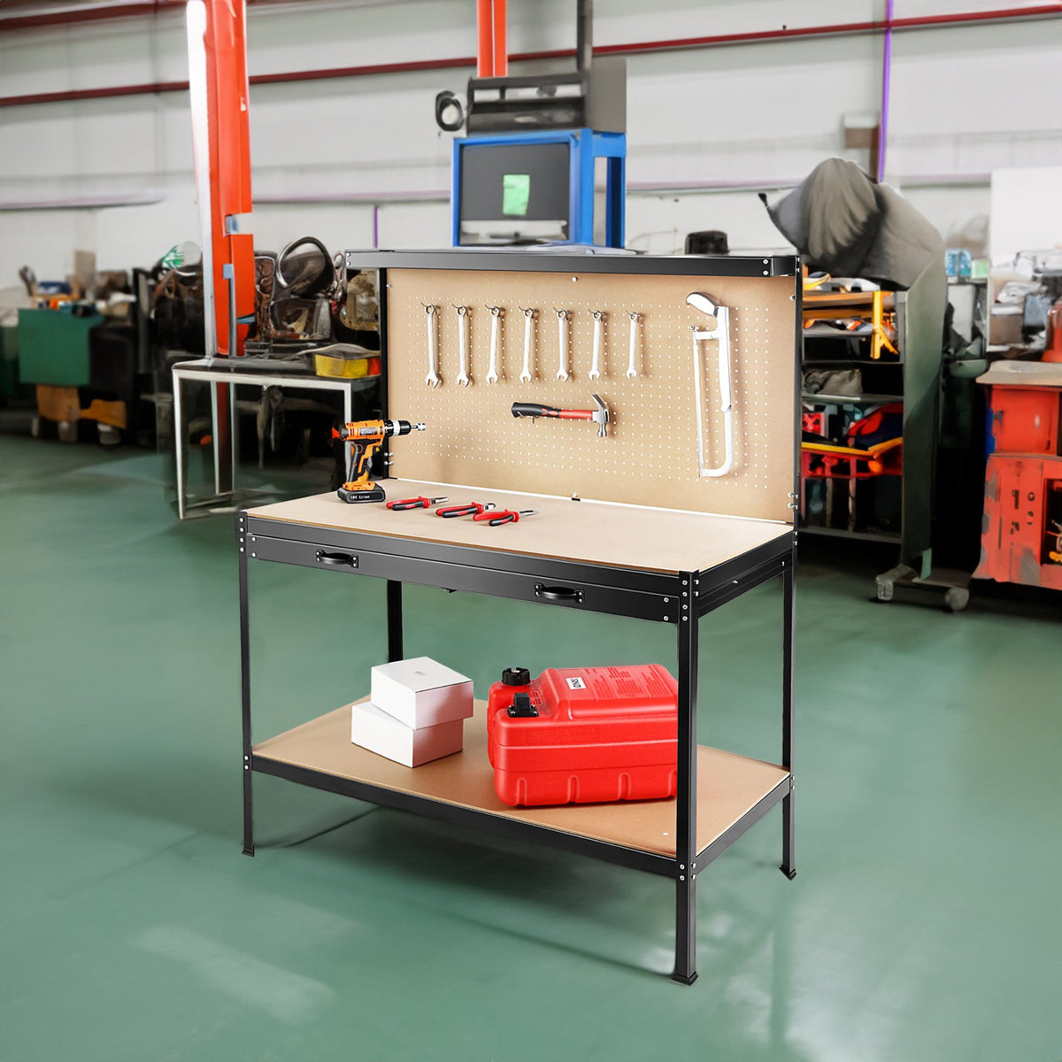 63-Inch Metal Workbench with Pegboard and Pull-Out Drawer
