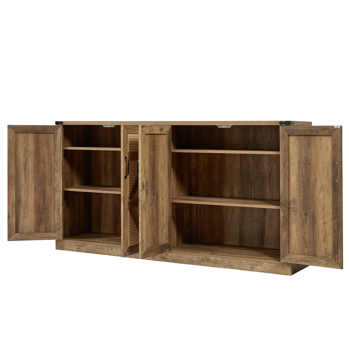 Rustic Oak Faux Rattan Sideboard Buffet, 65-Inch Storage